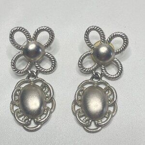 Matte Grey Tone Earrings Long Dangle Drop Dome Swirl Flower